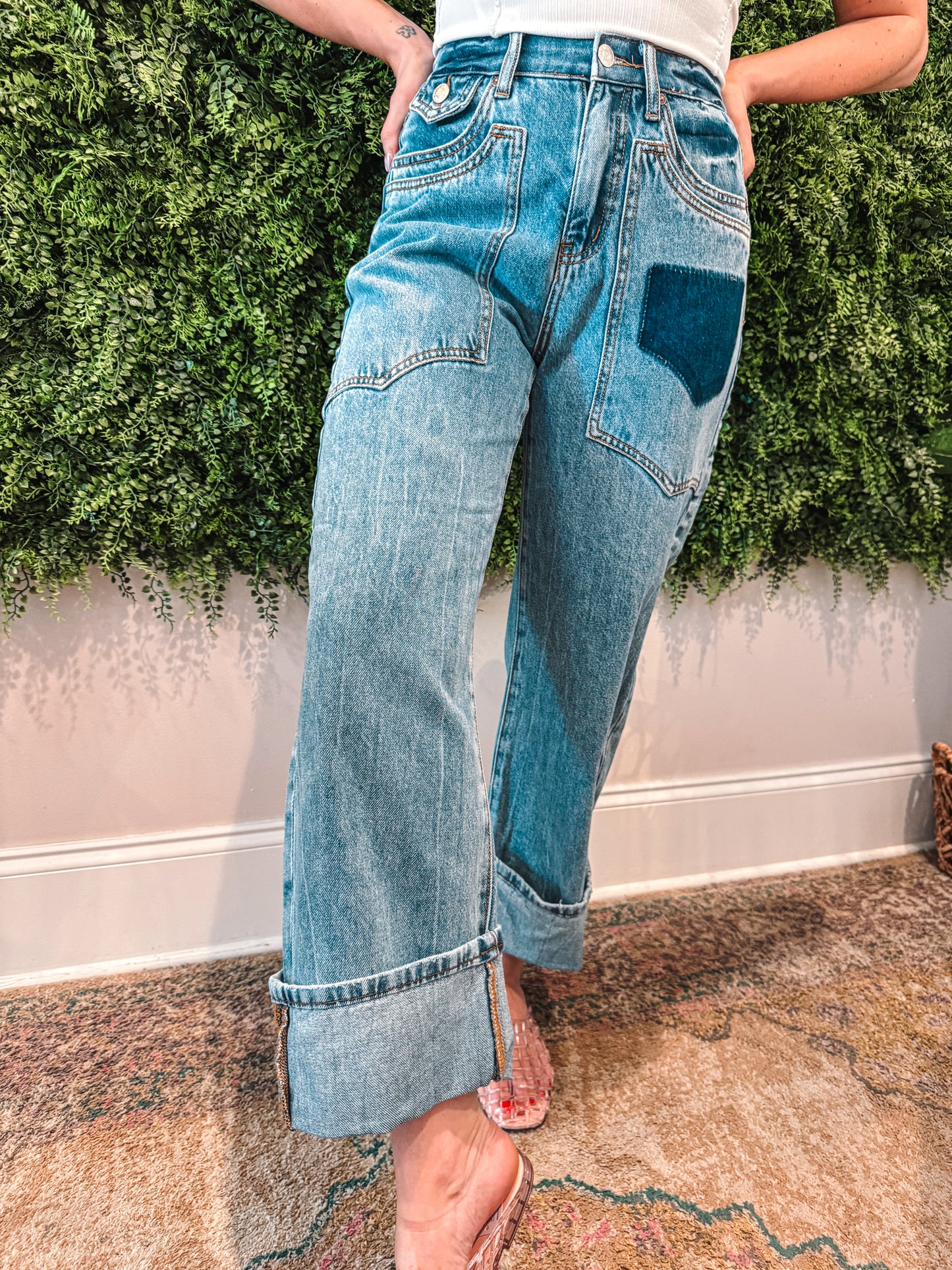 High Rise Western Patched Barrel Jeans
