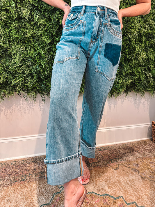 High Rise Western Patched Barrel Jeans