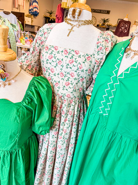 Floral Print Puff Sleeve Bow Tie Midi Dress