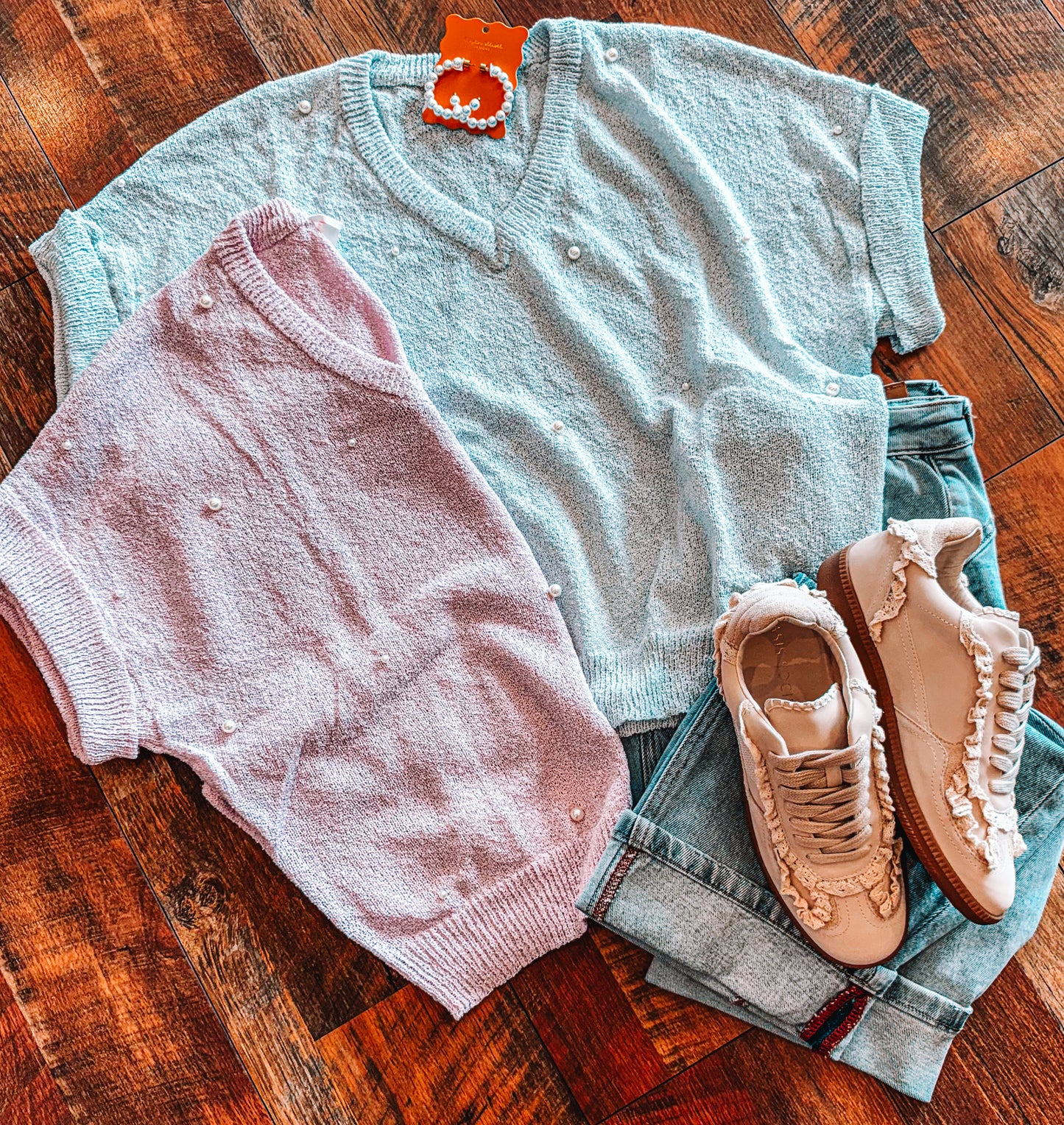Pearl Embellished Short Sleeve Sweater