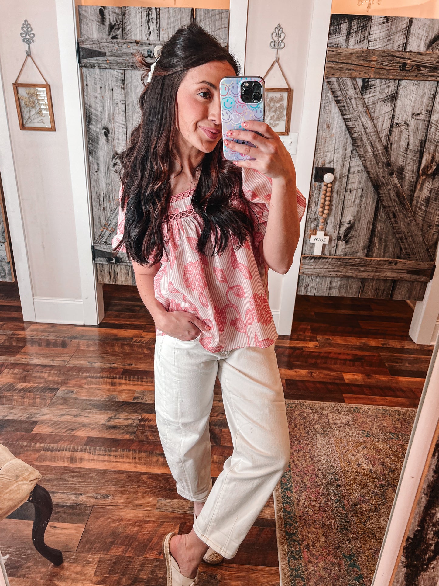 Striped Floral Square Neck Blouse
