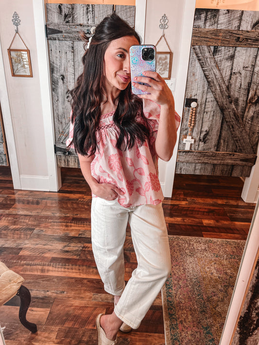 Striped Floral Square Neck Blouse