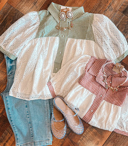 Gingham + Eyelet Babydoll Top